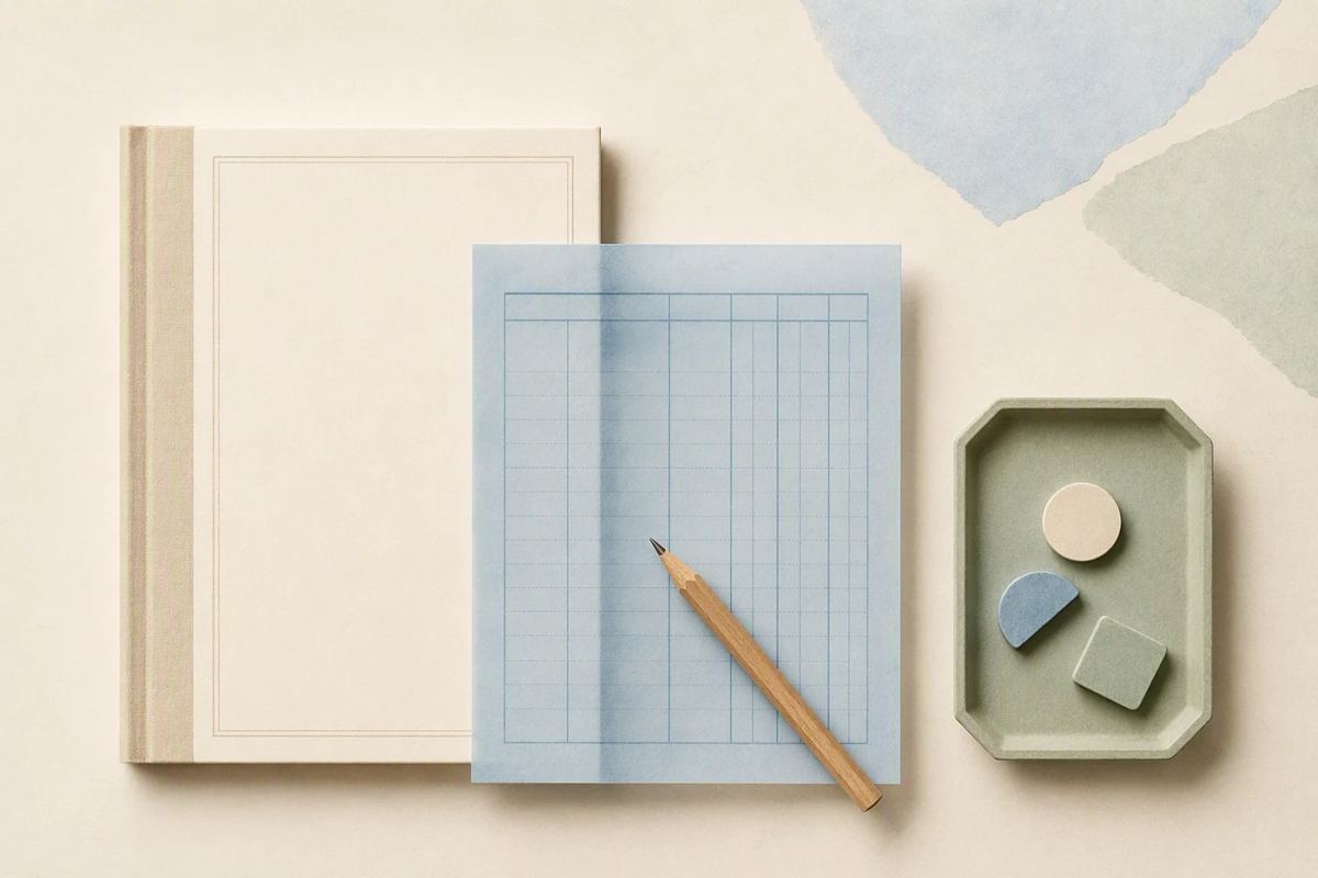 A revenue ledger, a production-cost sheet, and a small retained-resource tray are arranged for comparison.
