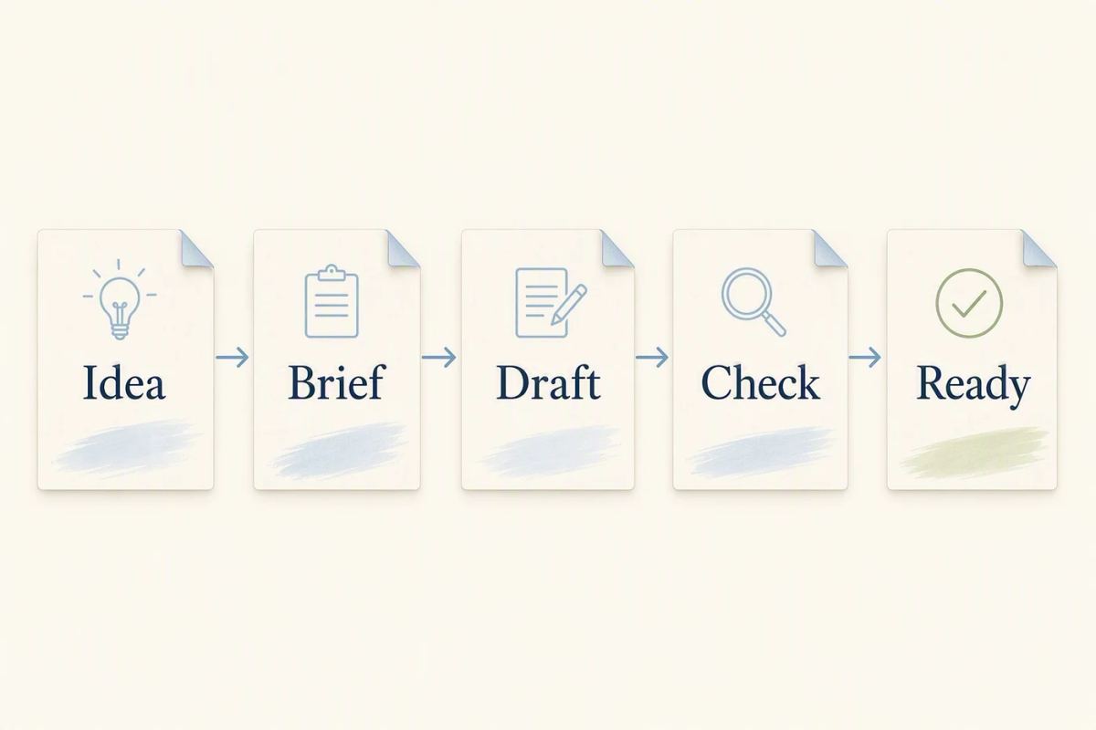Five paper cards showing an idea moving through brief, draft, check, and ready stages