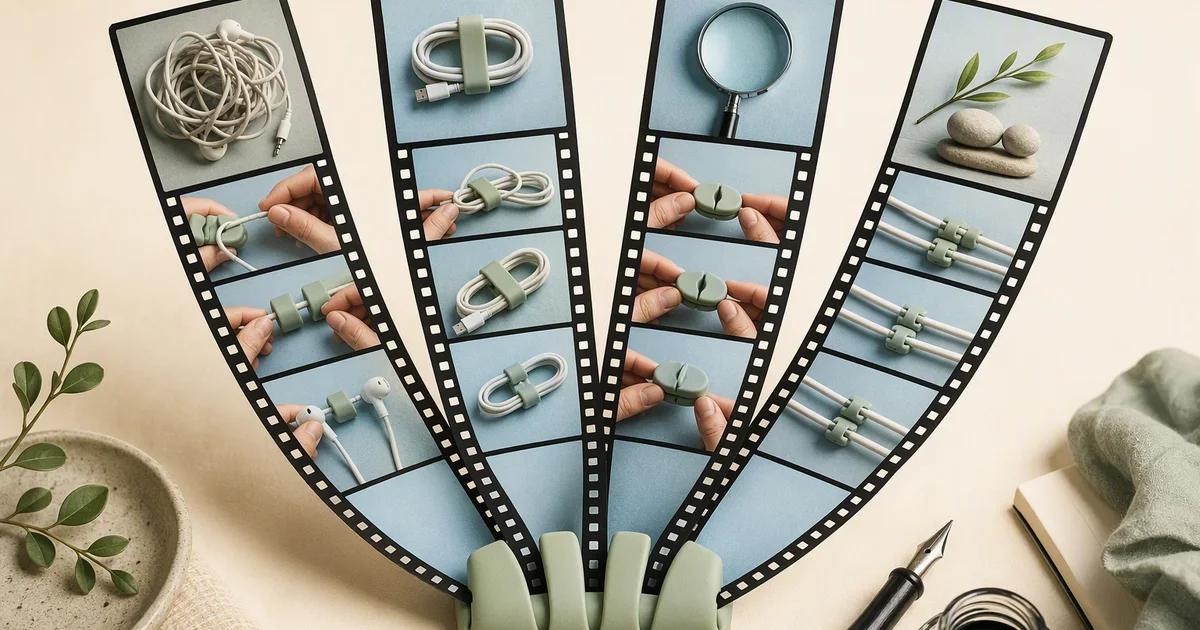 Four film strips show different product details and demonstration angles.