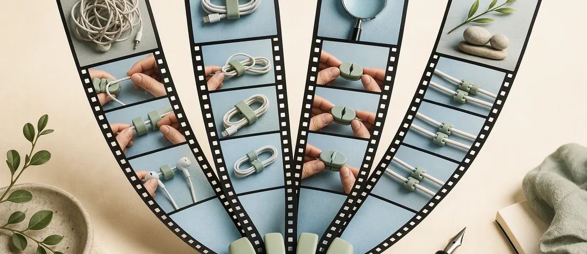 Four film strips show different product details and demonstration angles.