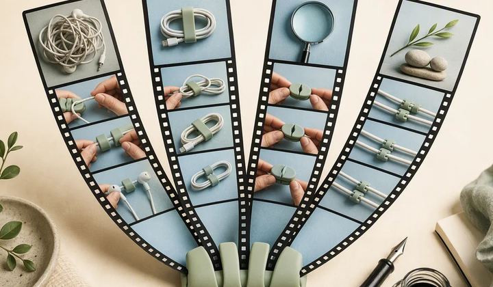 Four film strips show different product details and demonstration angles.