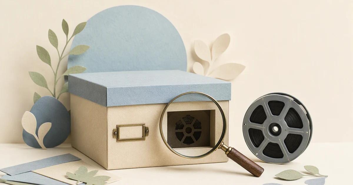A magnifying glass examines a film-reel symbol on an archive box beside a separate intact reel.