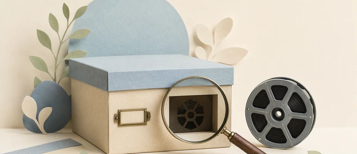 A magnifying glass examines a film-reel symbol on an archive box beside a separate intact reel.