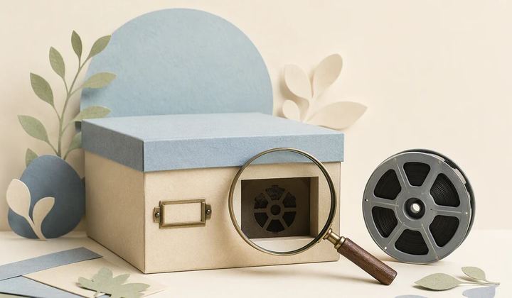 A magnifying glass examines a film-reel symbol on an archive box beside a separate intact reel.