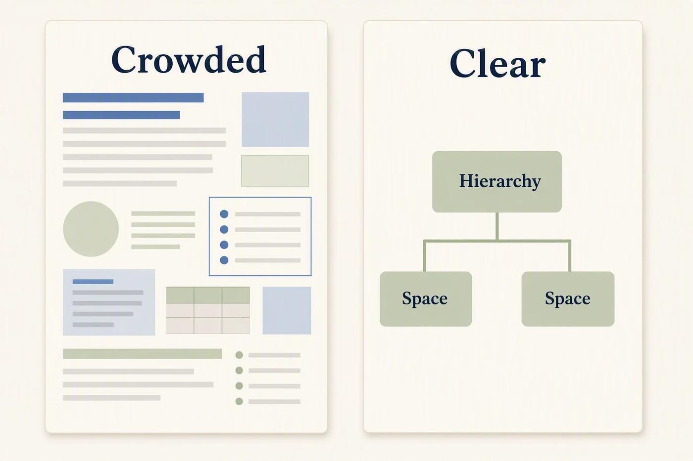 Side-by-side illustrative slides compare crowded content with a clear visual hierarchy.