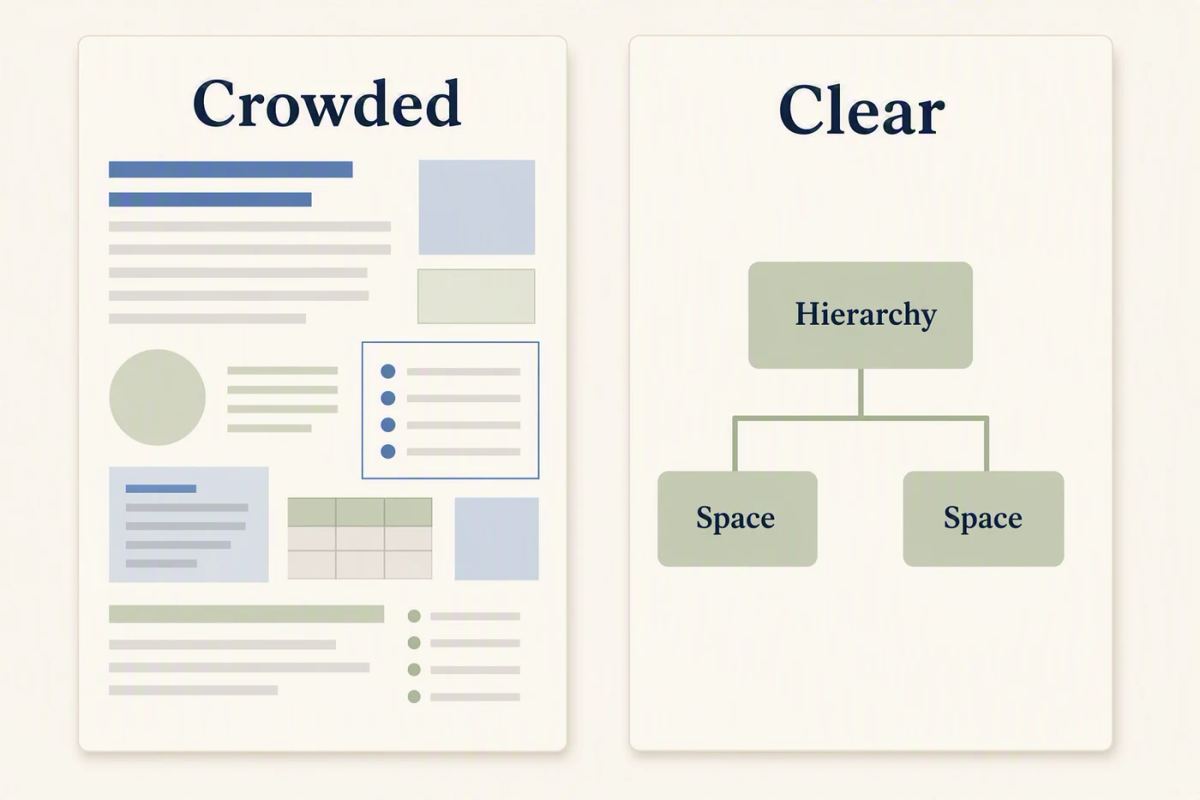 Side-by-side illustrative slides compare crowded content with a clear visual hierarchy.