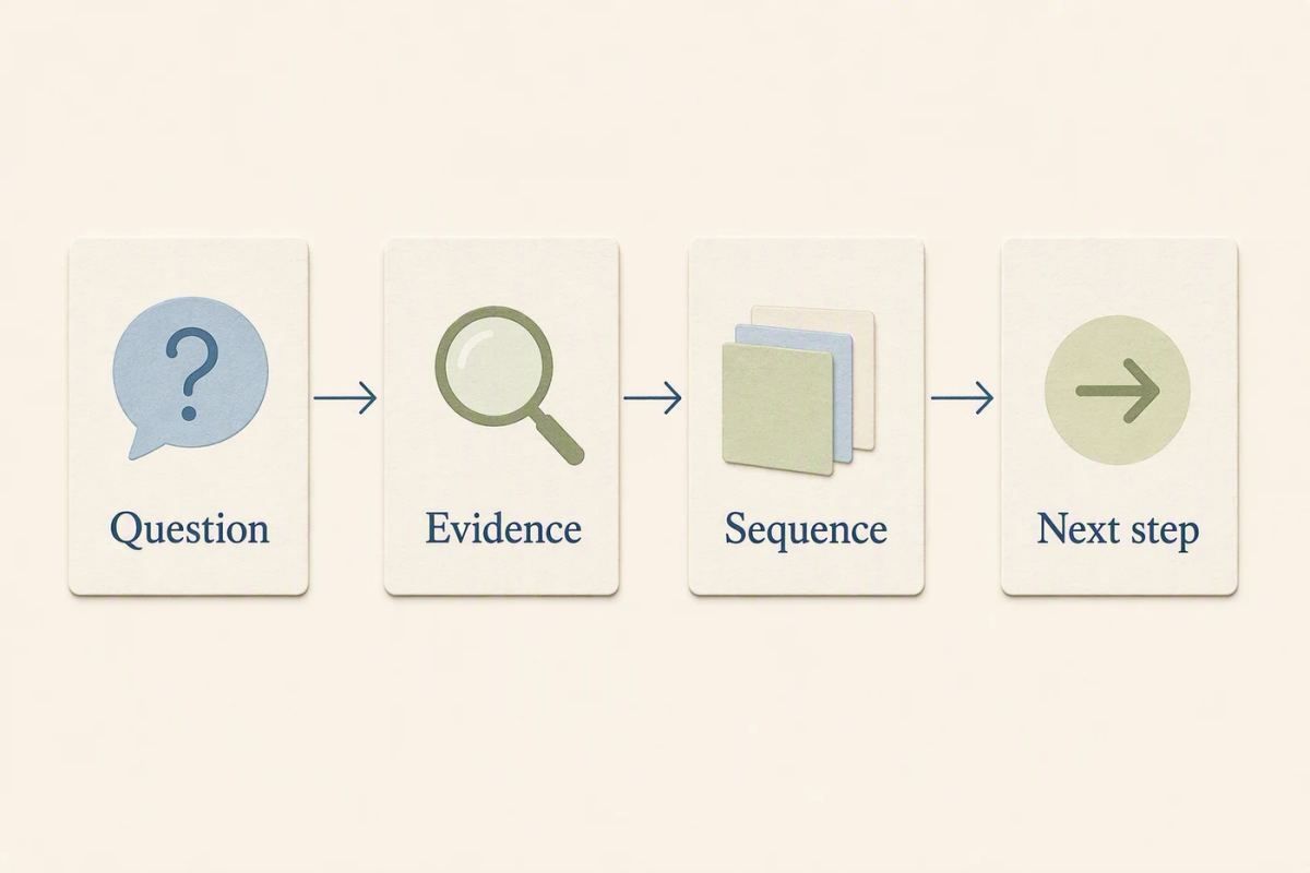 Illustrative planning cards connect a customer question to evidence, a carousel sequence, and one next step.