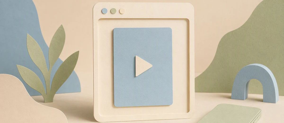 An open browser-shaped paper frame holds a simple video card while a phone rests to one side.