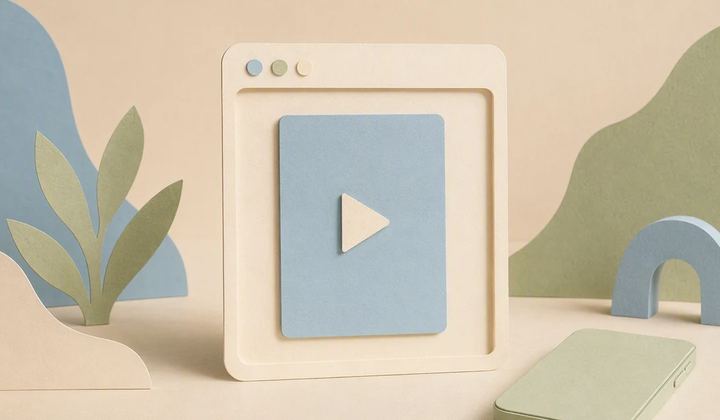 An open browser-shaped paper frame holds a simple video card while a phone rests to one side.