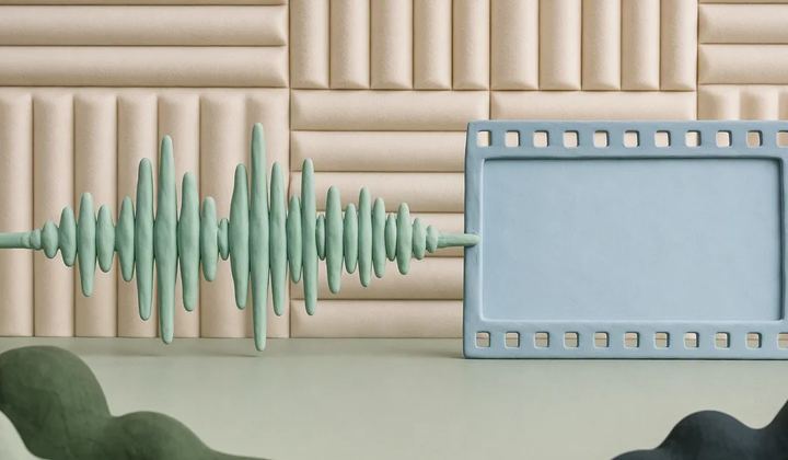 A mint audio waveform made from sculpted clay ends at a pale blue blank film frame with ivory soundproof fabric behind it.