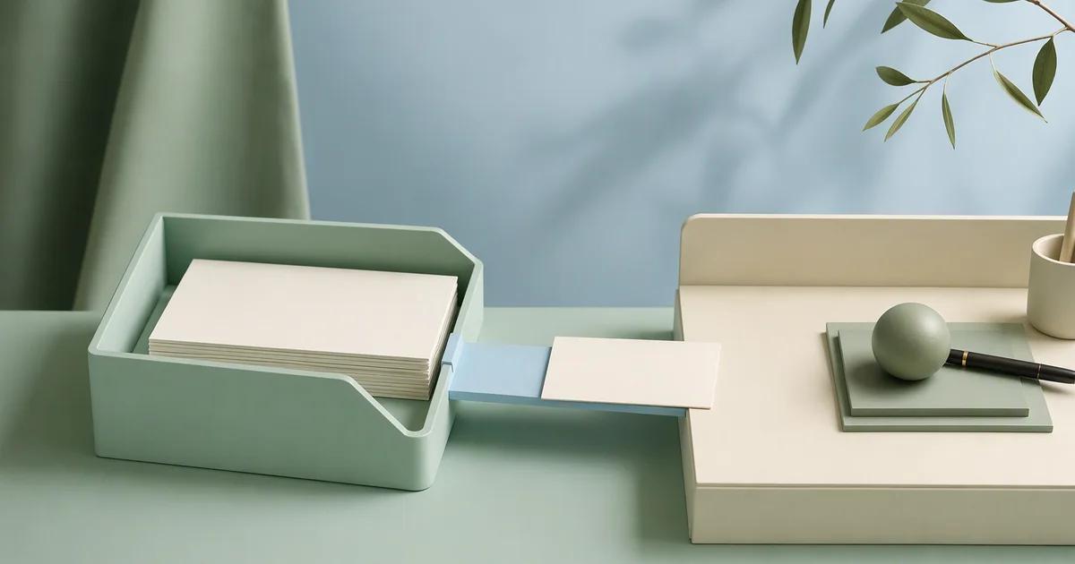 A mint document tray connected by a short pale blue bridge to an ivory review desk, with one finished blank card resting at the threshold
