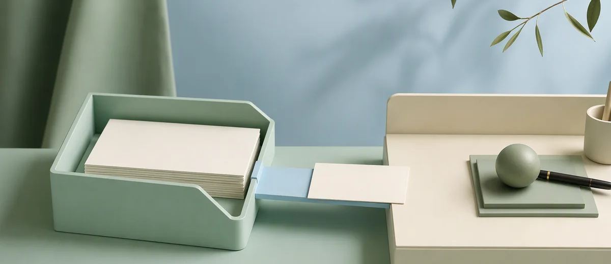 A mint document tray connected by a short pale blue bridge to an ivory review desk, with one finished blank card resting at the threshold