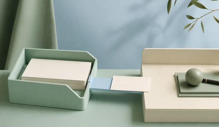 A mint document tray connected by a short pale blue bridge to an ivory review desk, with one finished blank card resting at the threshold