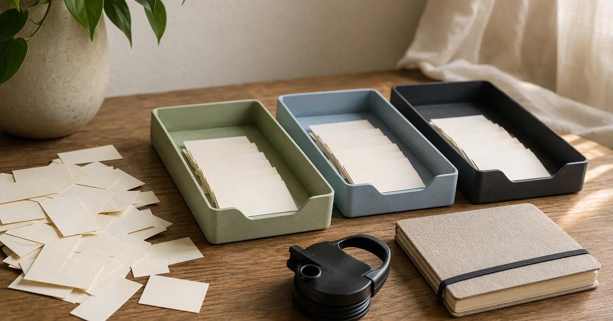 Small paper slips sorted into three trays beside a bottle lid and a closed notebook.