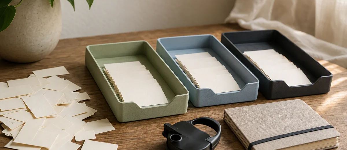 Small paper slips sorted into three trays beside a bottle lid and a closed notebook.