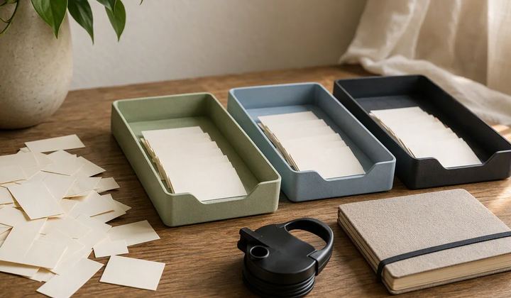 Small paper slips sorted into three trays beside a bottle lid and a closed notebook.