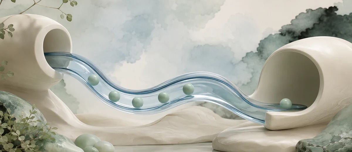A glass channel carrying beads between two chambers to illustrate streamed delivery.