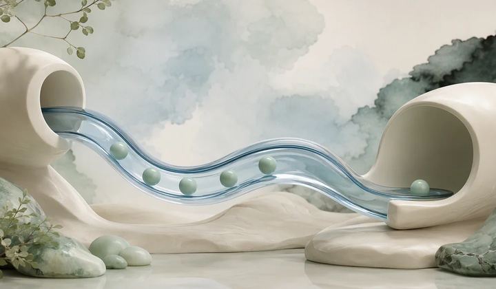A glass channel carrying beads between two chambers to illustrate streamed delivery.