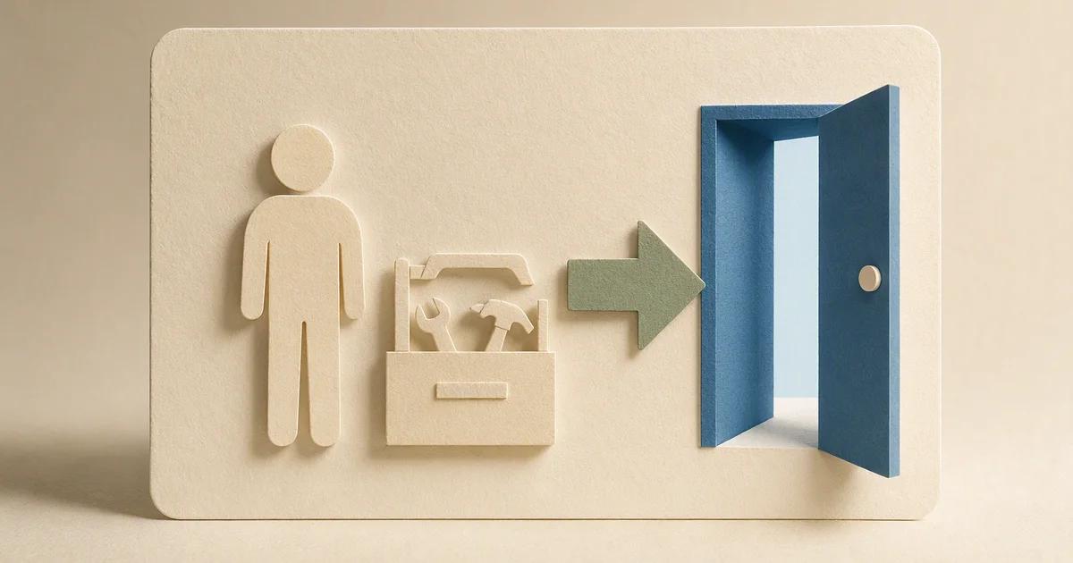 A cream panel shows a person symbol and a toolbox beside a sage arrow pointing toward an open blue door.