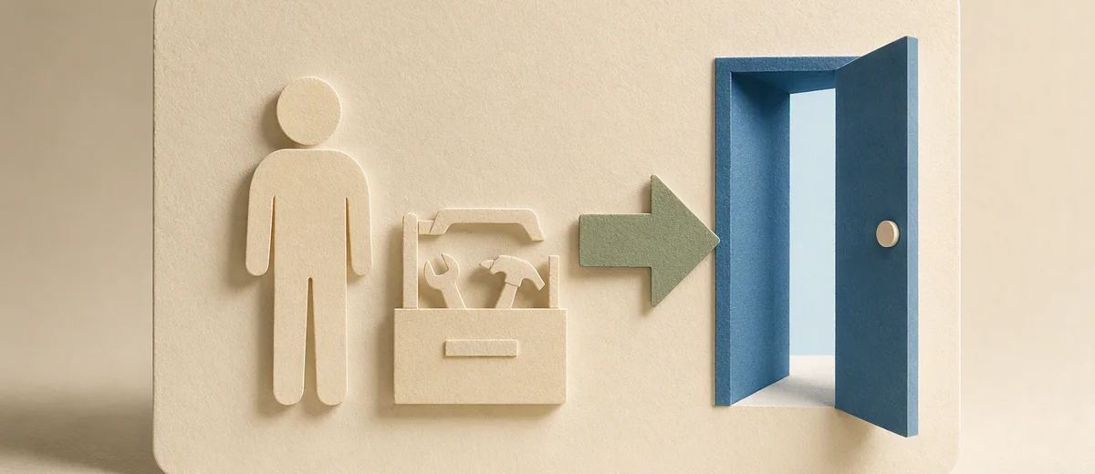 A cream panel shows a person symbol and a toolbox beside a sage arrow pointing toward an open blue door.