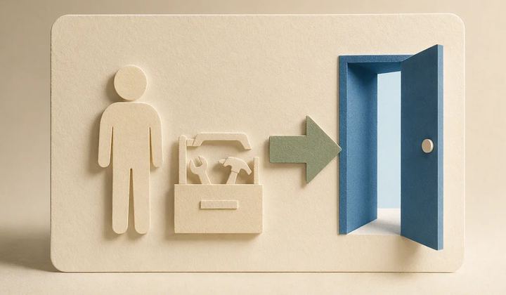 A cream panel shows a person symbol and a toolbox beside a sage arrow pointing toward an open blue door.