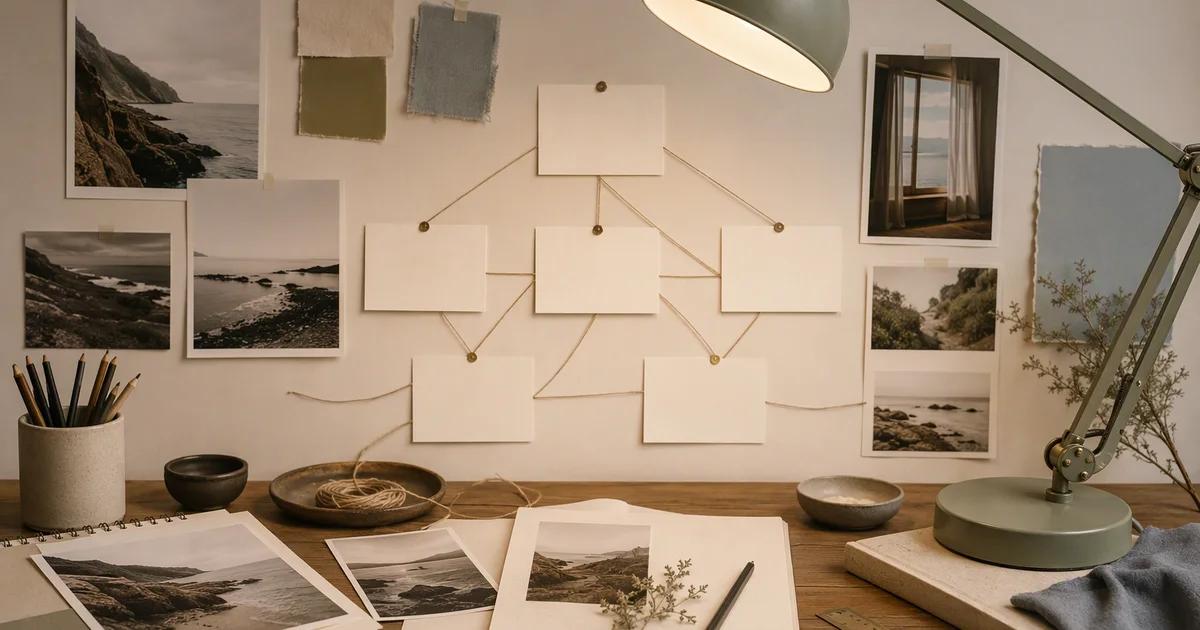 Reference photos and blank planning cards arranged beside a desk lamp.