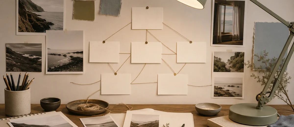 Reference photos and blank planning cards arranged beside a desk lamp.