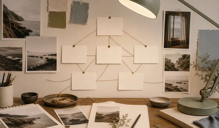 Reference photos and blank planning cards arranged beside a desk lamp.