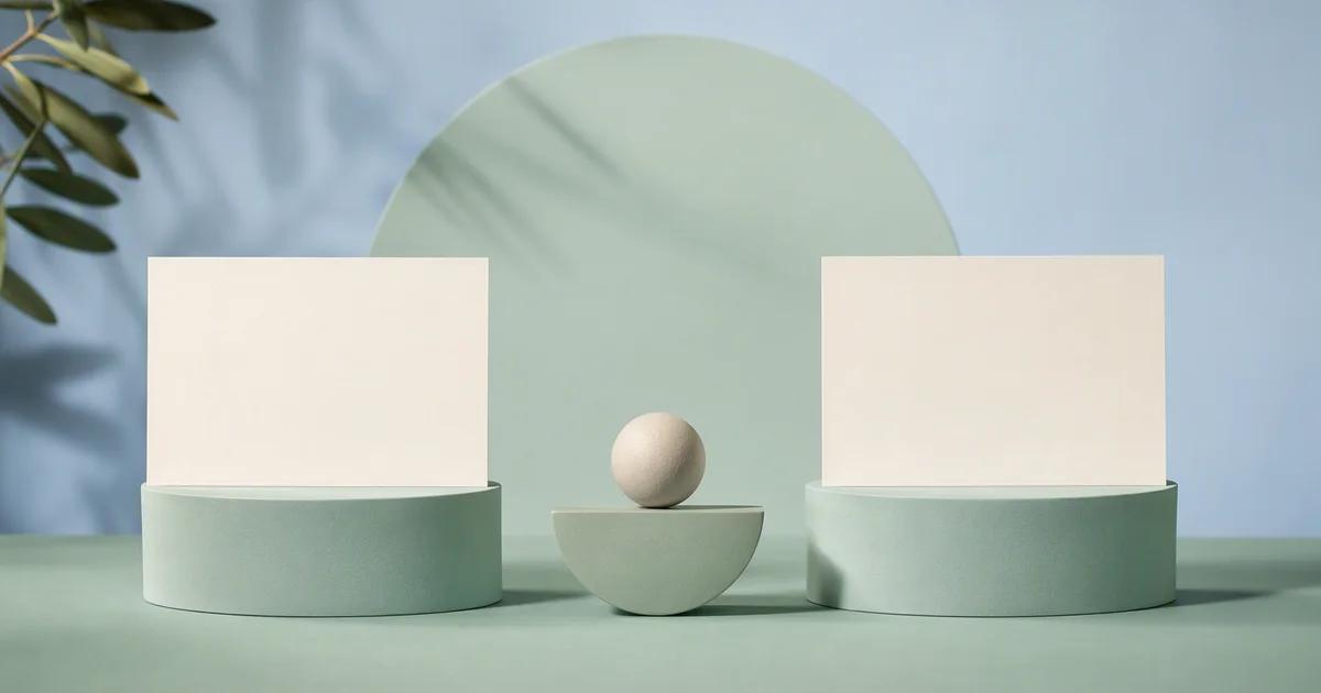 Two unmarked ivory editorial cards on equal mint pedestals under balanced pale blue studio lighting, with a small central balance form