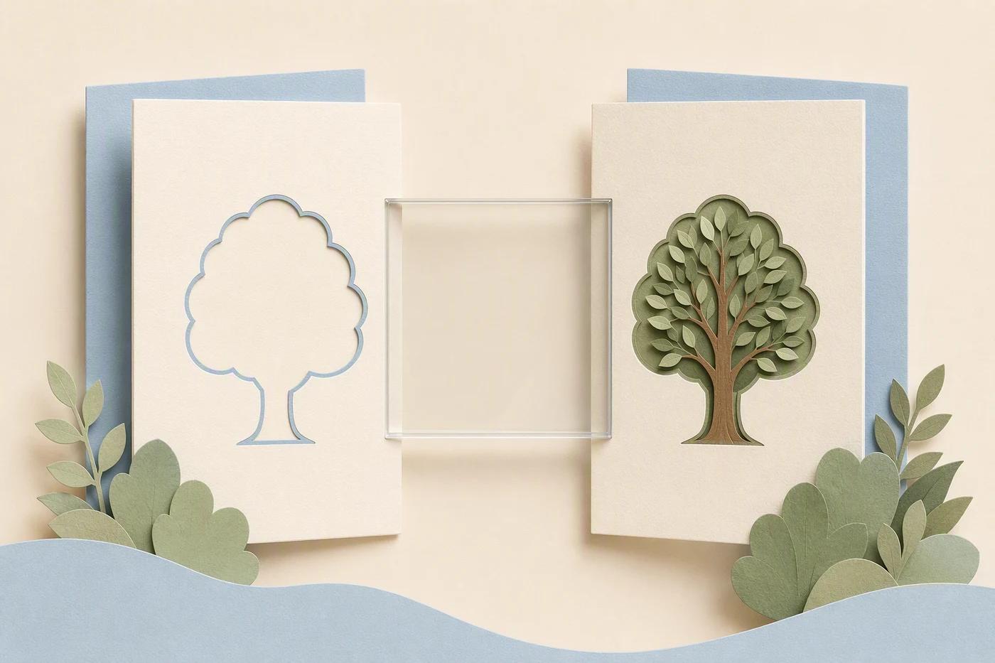 An opening card aligns with a matching example card through a clear window.