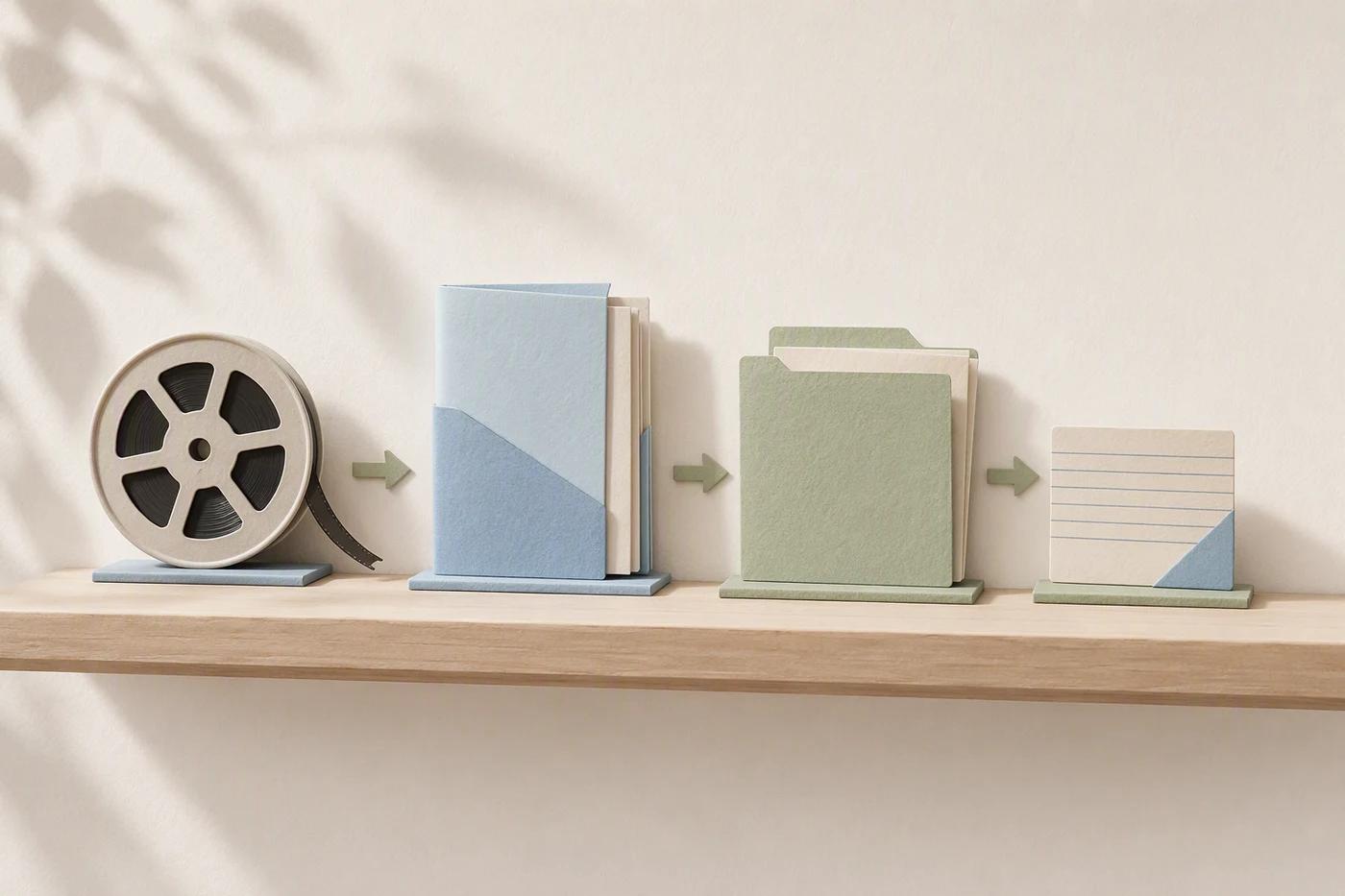 A backup shelf separates source media, editing work, permissions, and publishing records.