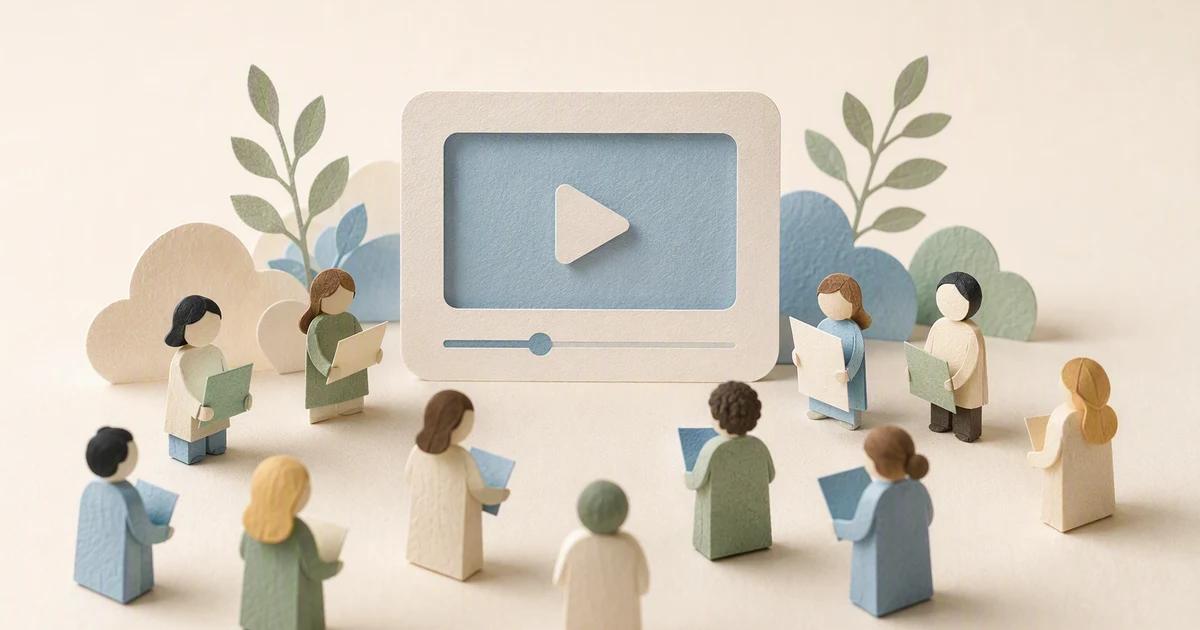 Paper audience figures holding cards gather around a video display.
