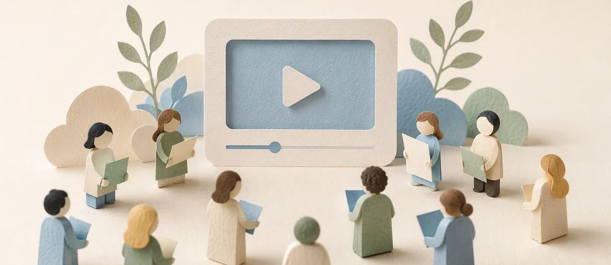 Paper audience figures holding cards gather around a video display.