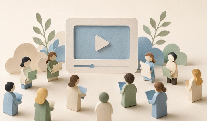 Paper audience figures holding cards gather around a video display.
