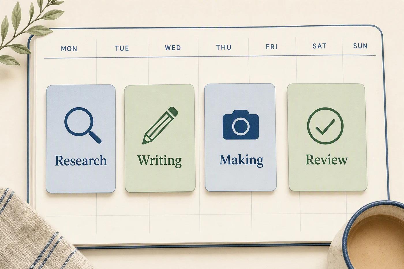 An illustrative weekly schedule with separate blocks for research, writing, making, and review