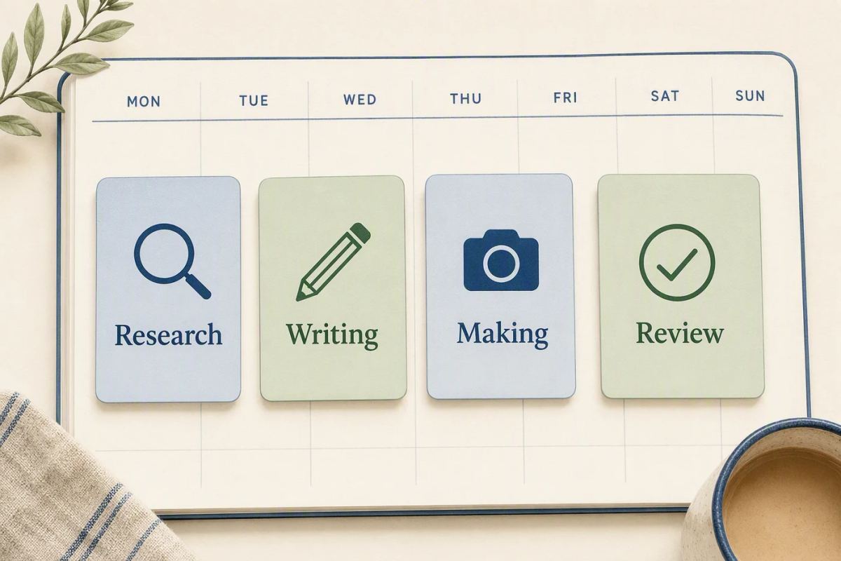 An illustrative weekly schedule with separate blocks for research, writing, making, and review