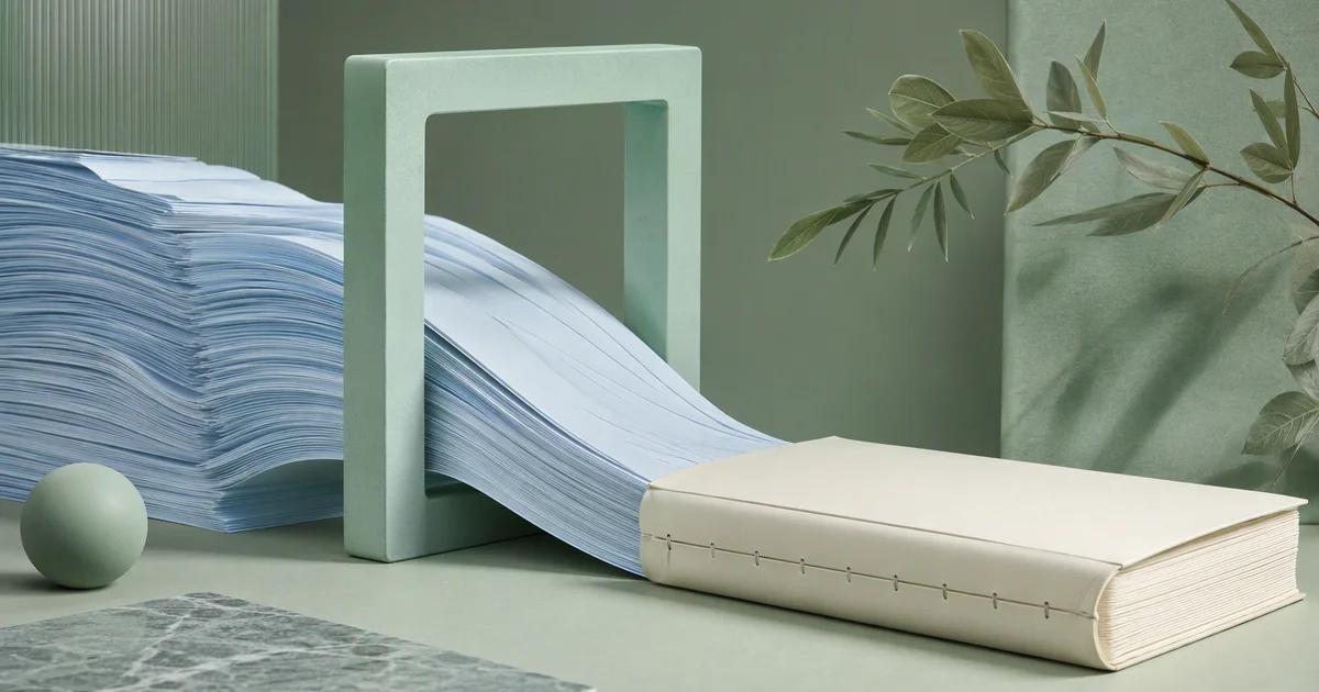 A stream of pale blue paper passes through a mint frame toward a bound ivory book.