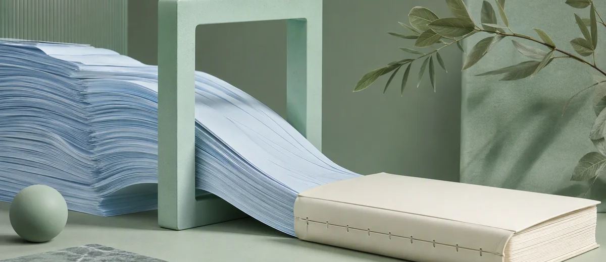 A stream of pale blue paper passes through a mint frame toward a bound ivory book.