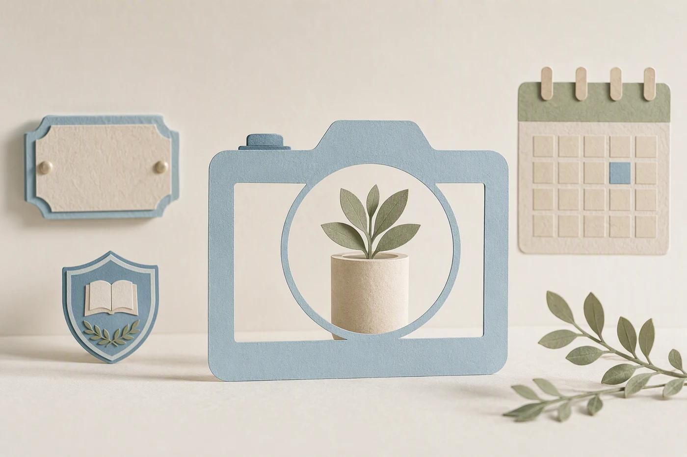 A camera-shaped frame surrounds a potted plant while a plaque, school-style badge, and calendar remain outside it.