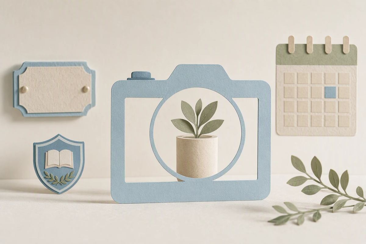 A camera-shaped frame surrounds a potted plant while a plaque, school-style badge, and calendar remain outside it.