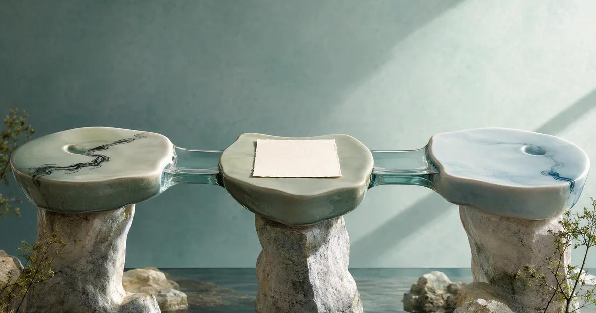 Three connected ceramic platforms illustrating an AI-to-workspace connection.