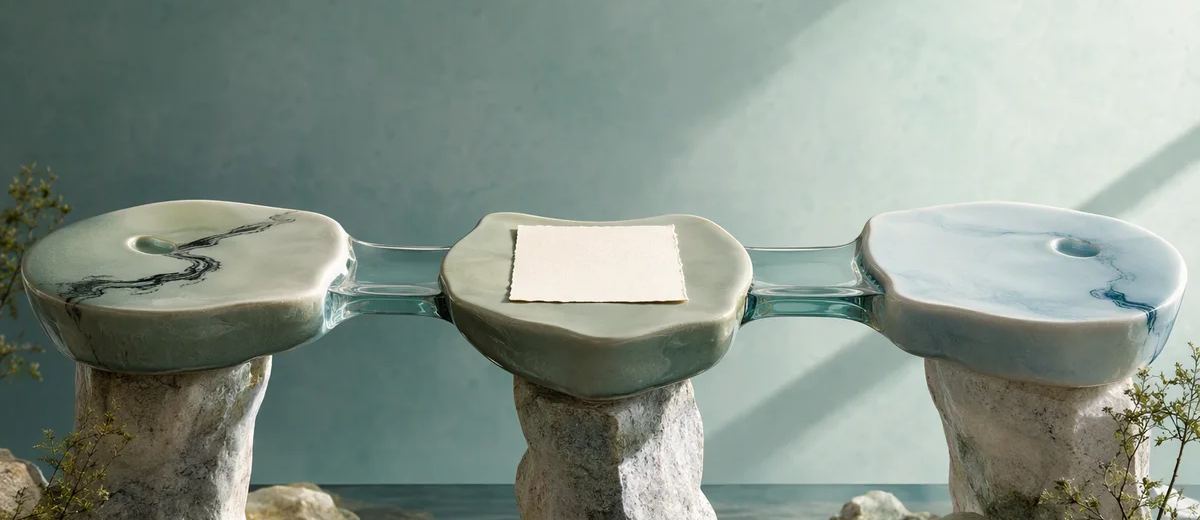 Three connected ceramic platforms illustrating an AI-to-workspace connection.