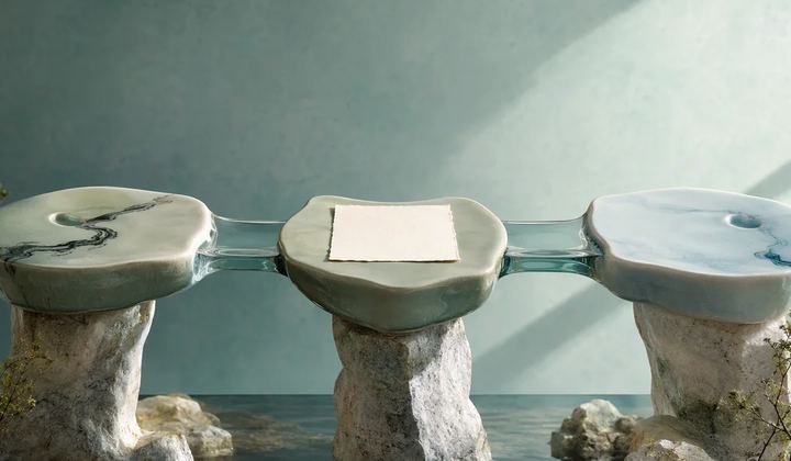 Three connected ceramic platforms illustrating an AI-to-workspace connection.