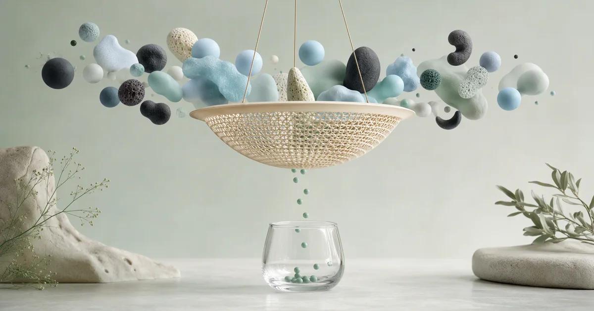 Small mint spheres fall from a hanging ivory sieve into a clear glass beneath a cloud of larger abstract forms.