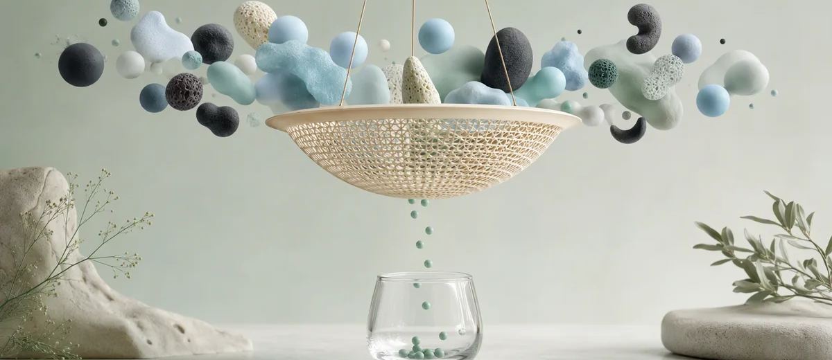 Small mint spheres fall from a hanging ivory sieve into a clear glass beneath a cloud of larger abstract forms.
