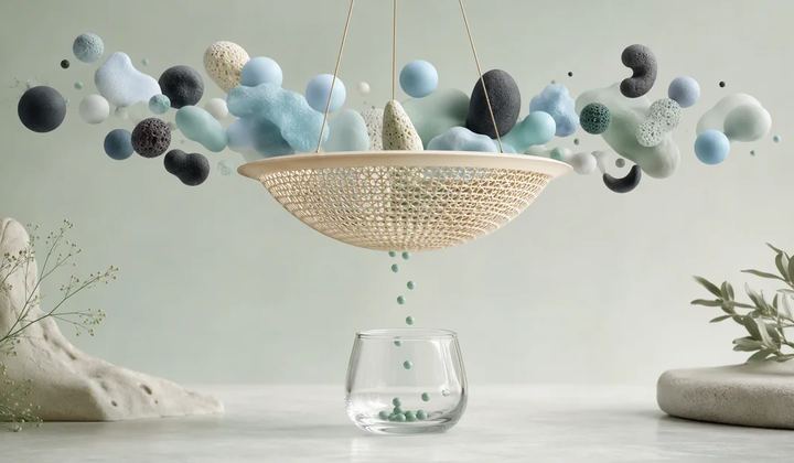 Small mint spheres fall from a hanging ivory sieve into a clear glass beneath a cloud of larger abstract forms.