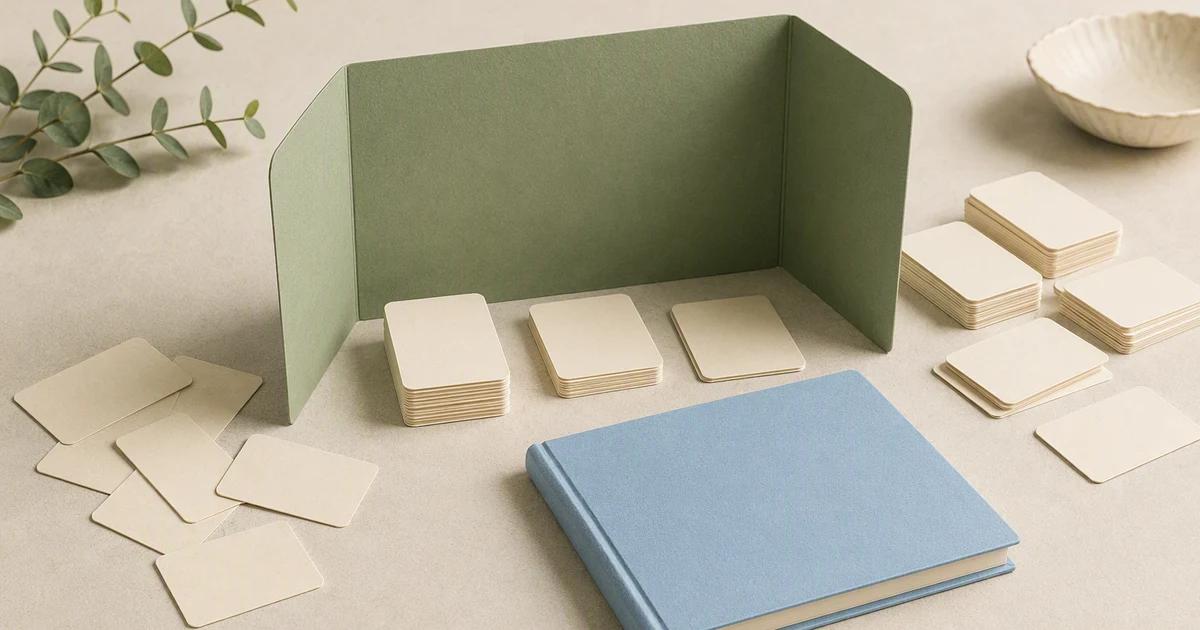 A pile of small paper viewing cards sits beside a fine sorting screen and a modest blank ledger.