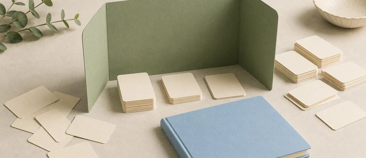 A pile of small paper viewing cards sits beside a fine sorting screen and a modest blank ledger.