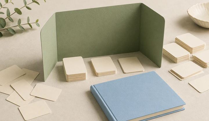 A pile of small paper viewing cards sits beside a fine sorting screen and a modest blank ledger.