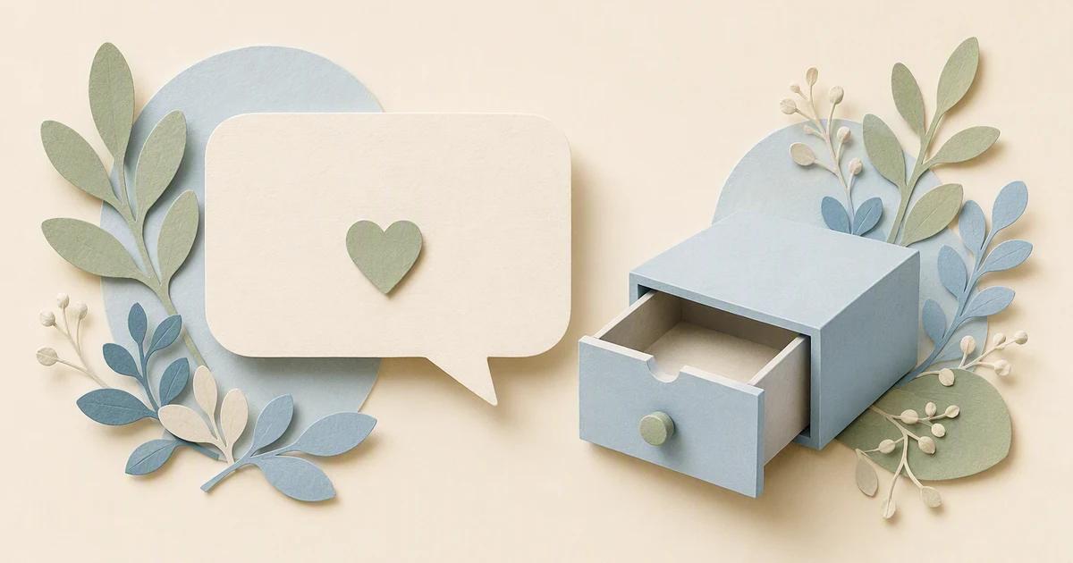 A paper speech bubble with a heart sits beside a partly open blue drawer.